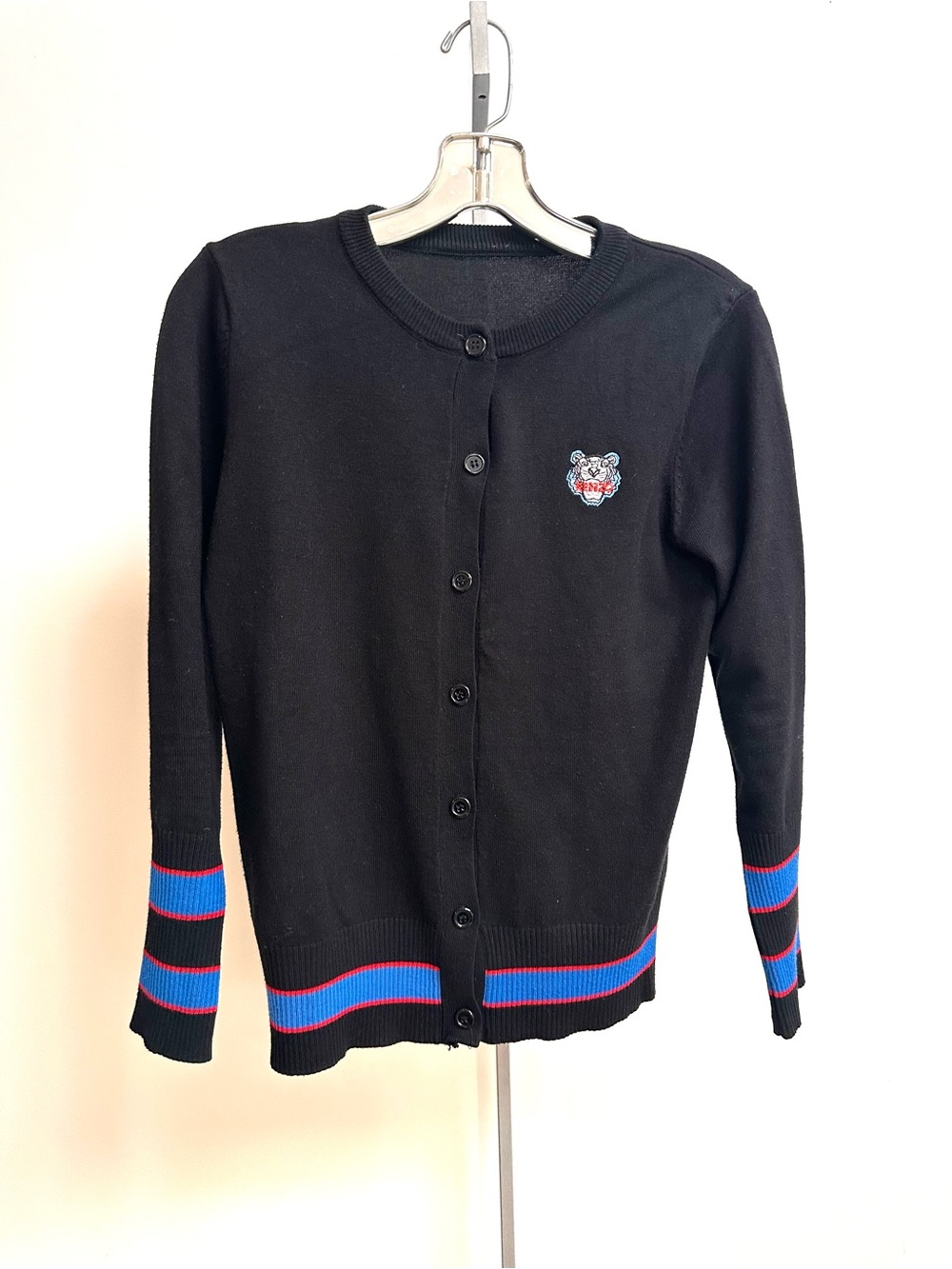 Kenzo Black Cardigan with Striped Hem cardigan